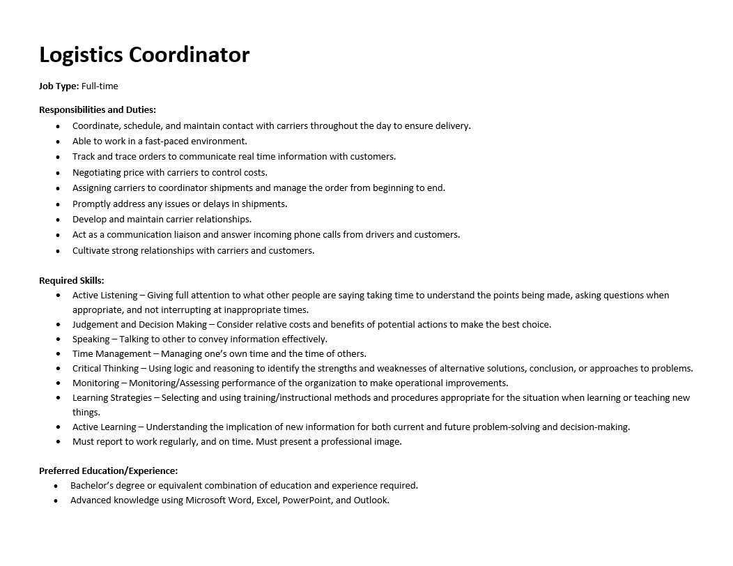 Logistics Coordinator Job Description