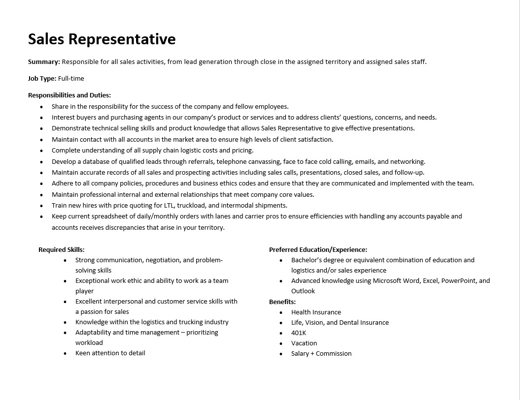 Sales Representative Job Description